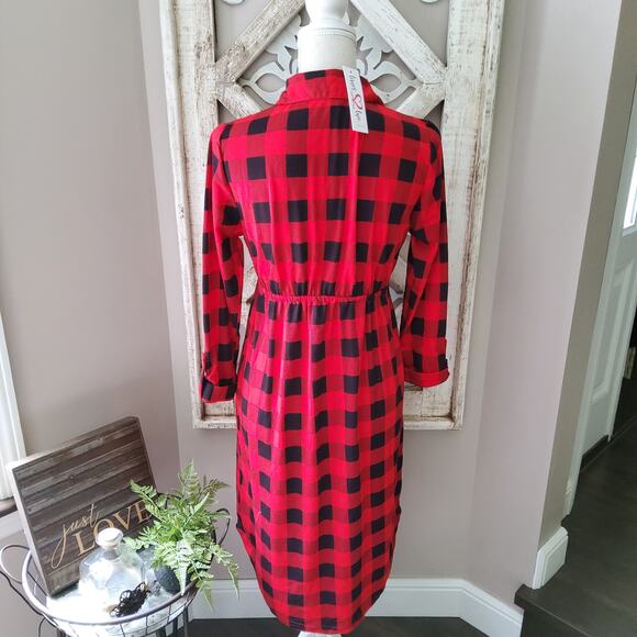 Times Two Maternity 3/4 Sleeve Collard V-Neck Elastic Waist Dress Buffalo Plaid - Picture 5 of 9